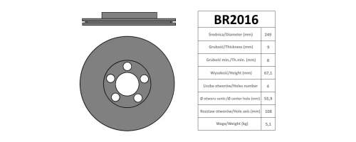 Fotografia produktu BREMZENN BR2016 tarcza hamulcowa 249x9 Citroen C4 04>, Peugeot 307 00>, tył ( z łożyskiem z ABS