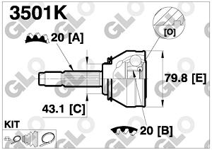 Fotografia produktu GLO GLO3501K przegub zewnętrzny Fiat Uno 0.9-1.3D;1.4 83-; Panda 80- A20/F20 [GLO]