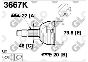 Fotografia produktu GLO GLO3667K przegub zewnętrzny Fiat Punto 1.1-1.6 L 93- A22/F20/O46 [GLO]